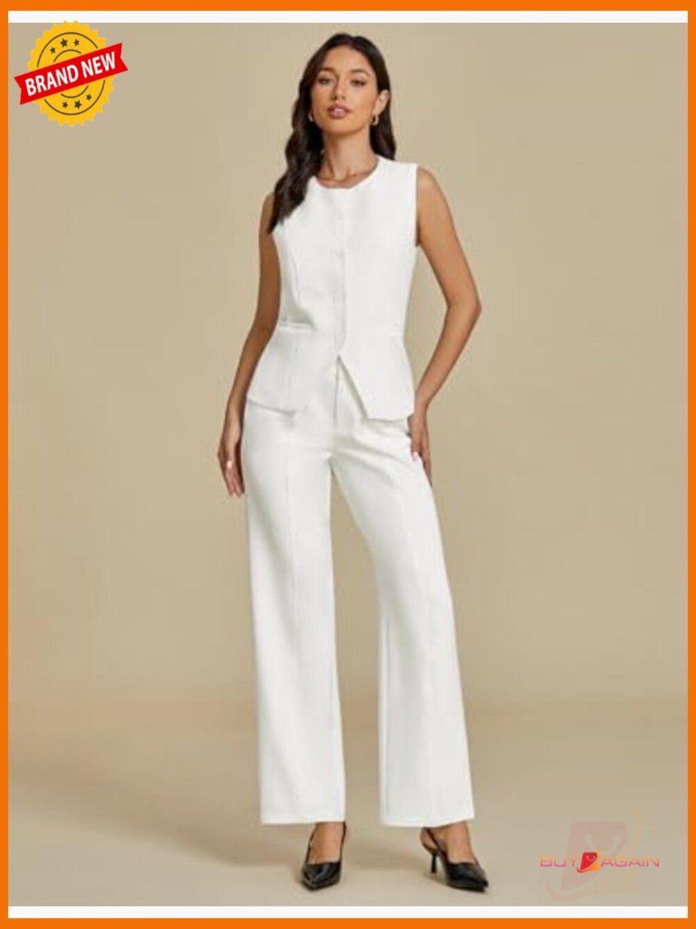 Dressy 2 Piece Pantsuit Set Sleeveless Blazer Wide Leg Pants Business Casual - Picture 3 of 7